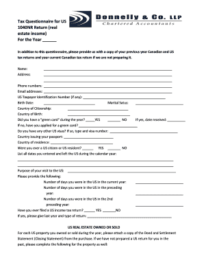 US 1040NR Tax Questionnaire for Real Estate Income
