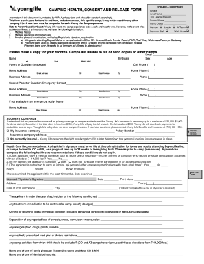 Young Life Camping Health Consent and Release Form