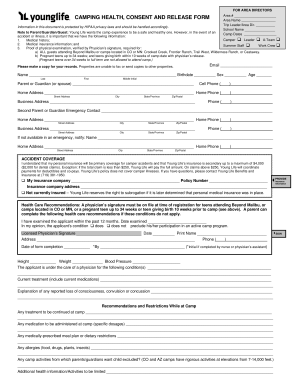 Young Life Camping Health Consent and Release Form