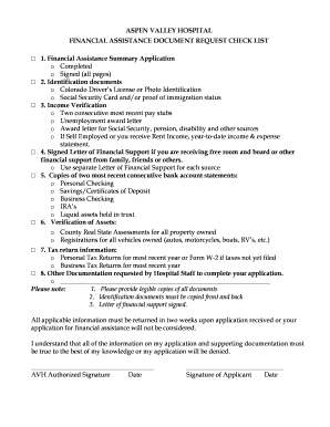 Aspen Valley Hospital Financial Assistance Document Request Checklist