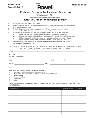 Powell Parts and Damage Replacement Form