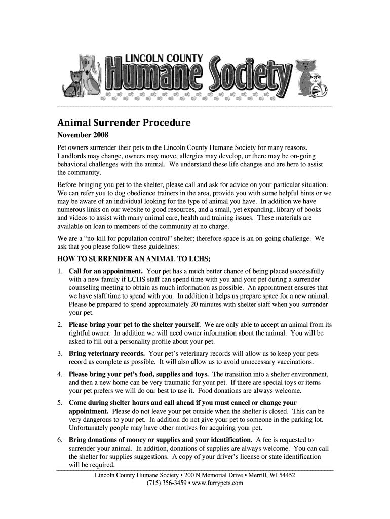 Fillable Online Pet owners surrender their pets to the Lincoln County ...