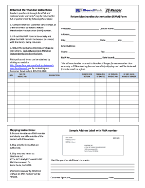 BendPak Return Merchandise Authorization Form