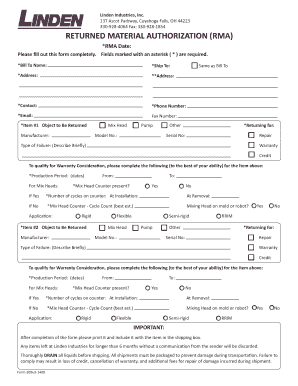 Returned Material Authorization Form
