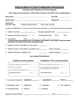 Federal Direct Loan Certification Worksheet