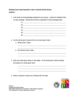 Whole Grains Food Label Activity