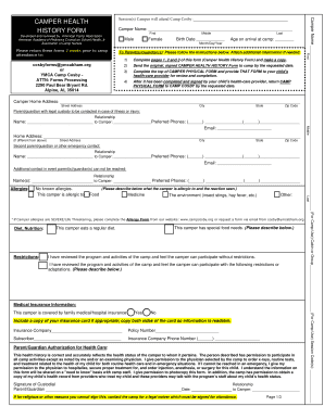Camper Health History Form