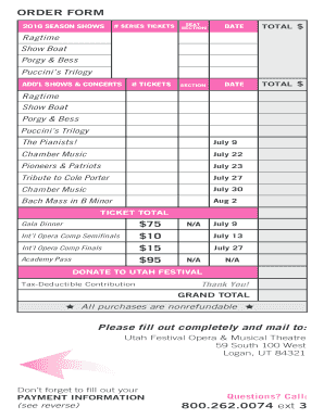Utah Festival Opera Ticket Order Form