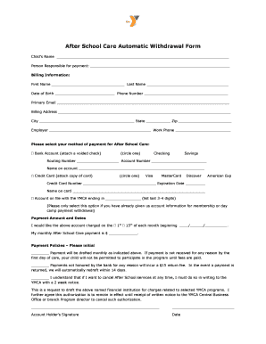 After School Care Automatic Withdrawal Form