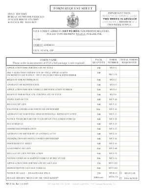 Maine Bureau of Motor Vehicles Form Request Sheet