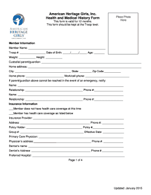 American Heritage Girls Health and Medical History Form