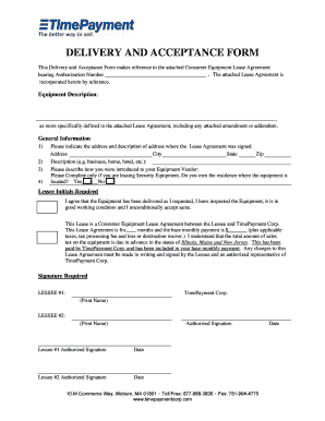 Delivery and Acceptance Form for Equipment Lease