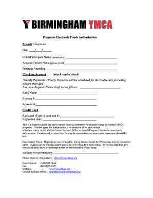 YMCA Programs Electronic Funds Authorization