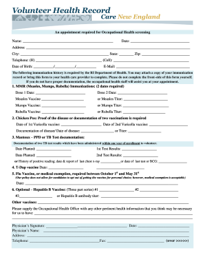 Occupational Health Screening Form