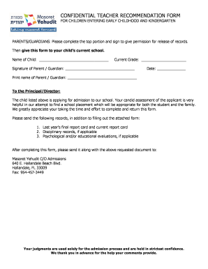 Confidential Teacher Recommendation Form