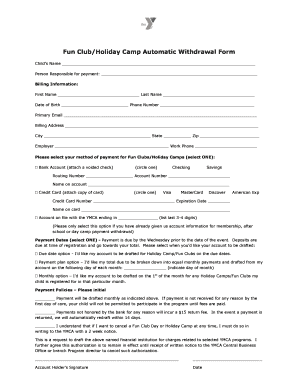 Fun Club/Holiday Camp Automatic Withdrawal Form