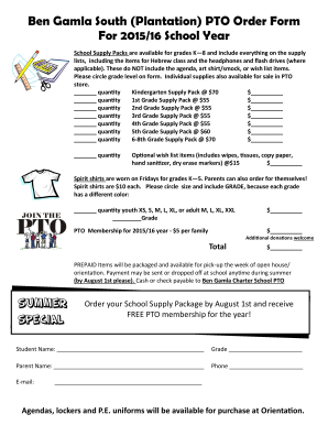 Fillable Online Ben Gamla South Plantation PTO Order Form For 201516 ...