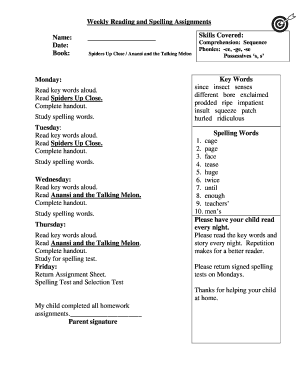 Weekly Reading and Spelling Assignments