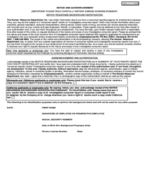 Notice and Acknowledgment for Background Investigation