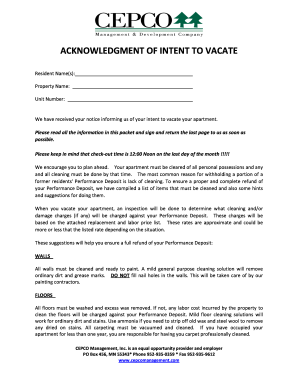 Acknowledgment of Intent to Vacate