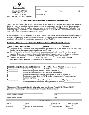 2015-2016 Income Adjustment Appeal Form - Independent