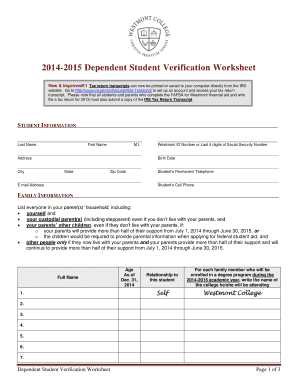 2014-2015 Dependent Student Verification Worksheet