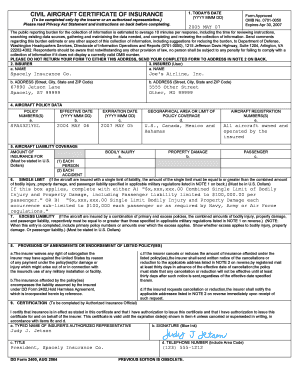 Civil Aircraft Certificate of Insurance