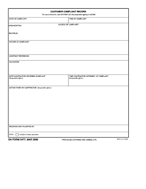 CUSTOMER COMPLAINT RECORD DA FORM 5477 NOV 1985 - apd army