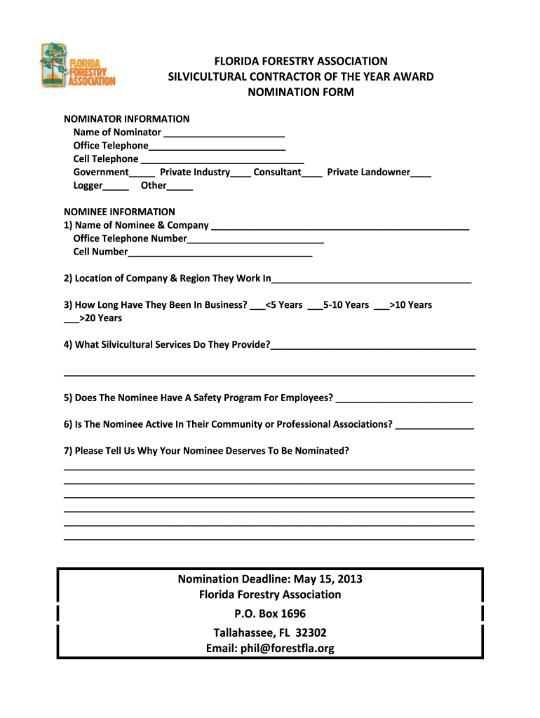 FFA Silviculture Contractor Award Nomination Formdocx - floridaforest Preview on Page 1