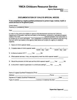 Documentation of Child's Special Needs