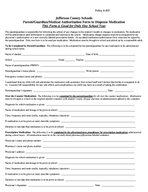 Jefferson County Schools Medication Authorization Form