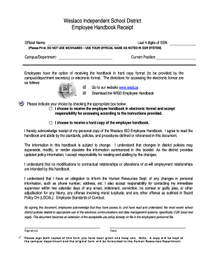 Weslaco ISD Employee Handbook Receipt