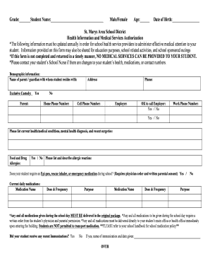 St. Marys Area School District Health Information and Medical Services Authorization