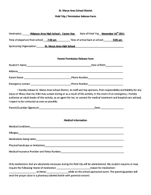 St. Marys Area School District Field Trip Permission Release Form