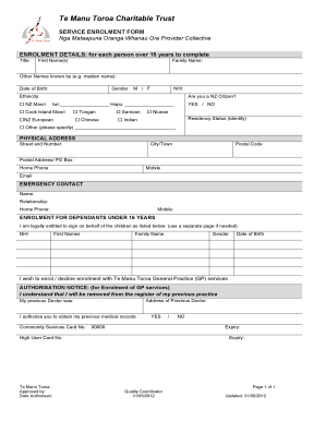Te Manu Toroa Service Enrolment Form