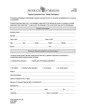 Physical Examination Form for Athletic Participation