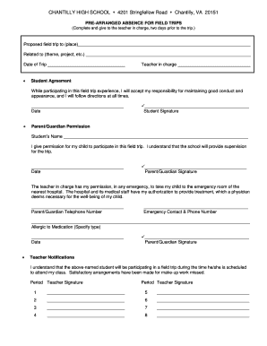 Pre-Arranged Absence for Field Trips Form