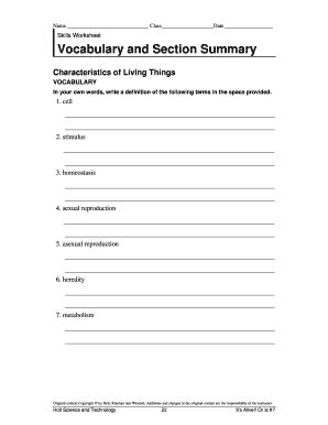 Characteristics of Living Things Worksheet