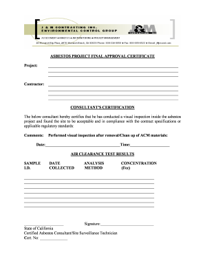 Asbestos Project Final Approval Certificate
