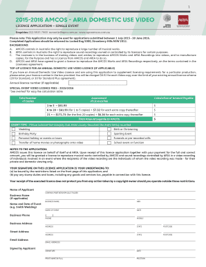 2015-2016 AMCOS - ARIA Domestic Use Video Licence Application