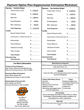 Payment Option Plan Supplemental Estimation Worksheet