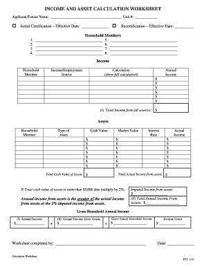 Income and Asset Calculation Worksheet