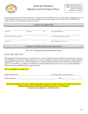 2016-2017 Student Financial Aid Certification Form
