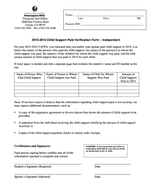 2015-2016 Child Support Paid Verification Form