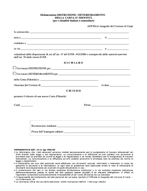 Dichiarazione DISTRUZIONE / DETERIORAMENTO DELLA CARTA D' IDENTITÀ