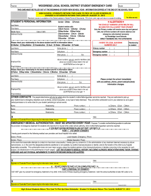 Woodridge Local School District Student Emergency Card