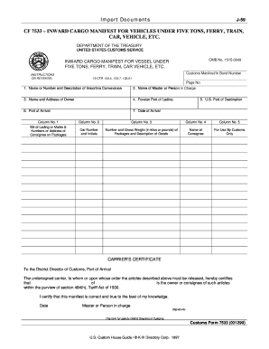 US Customs Inward Cargo Manifest