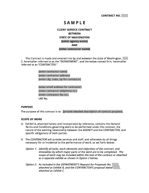 SAMPLE CLIENT SERVICE CONTRACT BETWEEN STATE OF WASHINGTON enter agency name AND enter contractor name This Contract is made and entered into by and between the state of Washington, , hereinafter referred to as the &quot