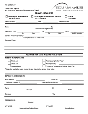 Texas A&M AgriLife Travel Request Form