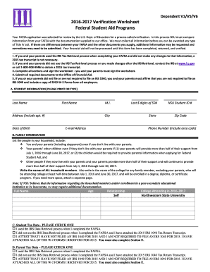 2016-2017 Verification Worksheet for Federal Student Aid